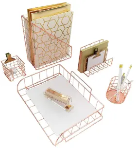 Blu Monaco 817327021249 Rose Gold Desk Organizer - 5 Piece Accessories Set Letter Mail Organ