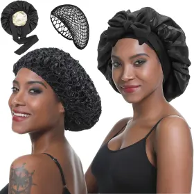 Yysm014 Brcok Wrap Cap Hair Net With Satin Bonnet For Silk Press Care-double Layer Adjustable