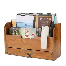 Flexzion 810651031939 3 Tier Wooden Desk Organizer - Country Rustic Compartments Slot File Tray Pen