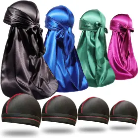 Forcewave 778107949606 8pcs Silky Durag Men Wave Cap Long Tail Do Rag For 360 Dew Packs
