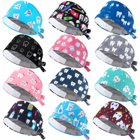 Uj-hercicy-2924 Hercicy 12 Pcs Nurse Caps Satin Lined Scrub Working With Button Sweatband Adjust