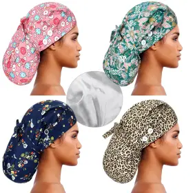 Jul-jamntower-1244 Jamntower 4 Pcs Extra Large Satin Lined Scrub Caps For Women Long Hair Nurse Surgical H