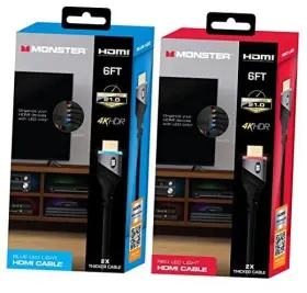 Ecom-1080-pp1 Jem Accessories Monster 6ft High Speed 4k Hdr Hdmi Cables With Built-in Led Light Blue 2 -pack