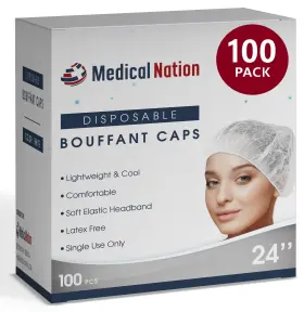 Medical Nation 093674974043 24 Inch Hair Net Disposable Bouffant Caps 100 Pack White Hairnets Cover