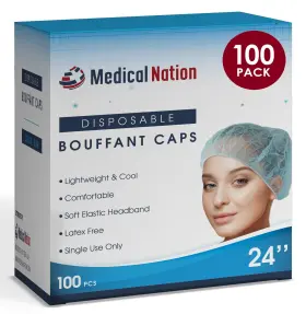 Bc-24-100 Medical Nation 24 Inch Disposable Bouffant Caps Hair Net 100 Pack Blue Non-woven Non-pleat