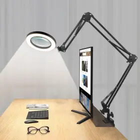 Noevsbig N-650-5b5v Magnifying Glass Desk Lamp With 3-section Swing Arm And Big Clamp Magnifying