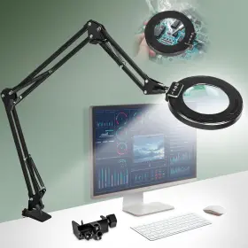 Nu-jm650 Nueyio Ultra Long 3-section Swing Arm 12x Magnifying Glass With Light And Stand 4-w