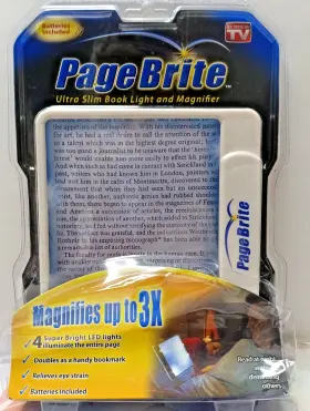 Page Brite 783393076202 Ultra Slim Book Light And Magnifier Magnifies Up To 3x Battery Inc. New