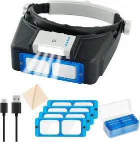 1.5x-3.5x Vludiss 705353857522 Headband Magnifier With Led Light Rechargeable 4 Lens Magnifying Visor