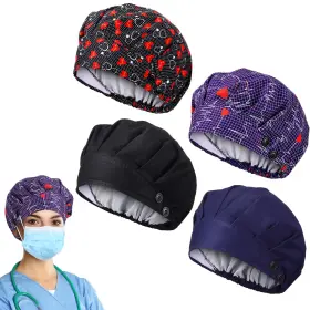 Kx-zhengmy-1930 Zhengmy 4 Pcs Bouffant Scrub Cap With Buttons And Sweatband Adjustable Satin Lined Nu