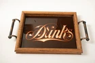 Mid Century (UD2) Drinks Tray (JSF6) Reverse Printed Glass Wood Frame W/handles Used. Price: $49.95.
